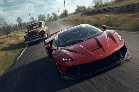 Voiture de course récente dépasse une vieille voiture